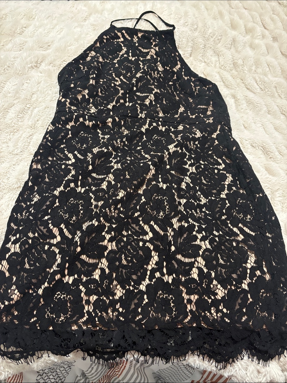 ASTR Black Lace Backless Halter Dress with Nude Lining